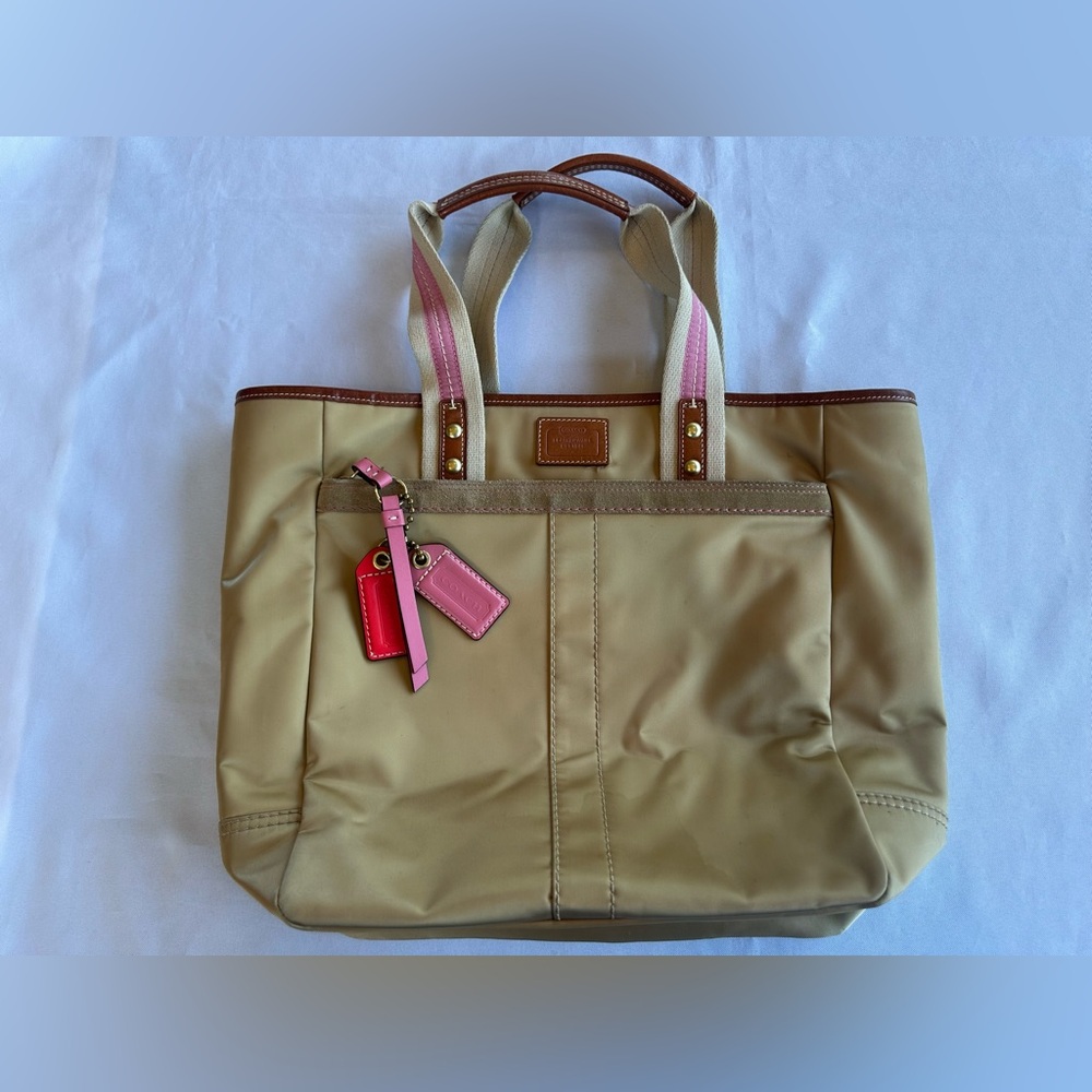 Coach Tan Tote with Pink and Red Tag Accents
